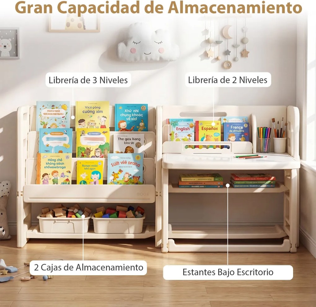 Conjunto de secretária e cadeira infantil com estantes laterais, cestos de arrumação, quadro branco apagável e estantes abertas para crianças a partir