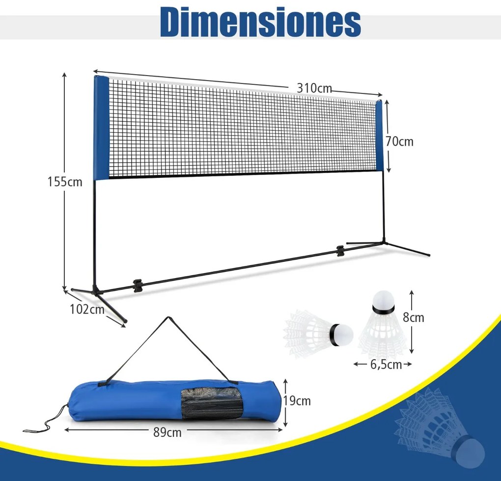 Rede de badminton dobrável ajustáveis em altura 310 x 102 x 89-155 cm e saco de transporte para badminton Azul + Preto