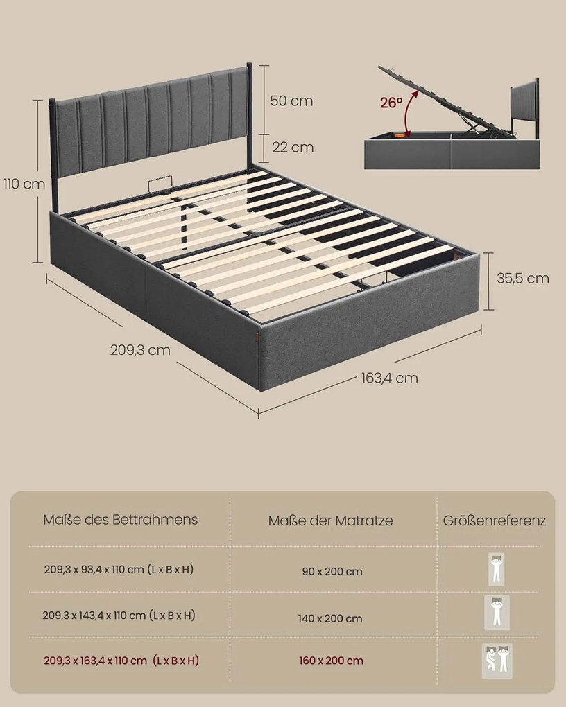 Estrutura de cama (COLCHÃO NÃO INCLUÍDO) com base de ripas rebatível e espaço de arrumação 209,3 x 163,4 x 110 cm Cinzento escuro