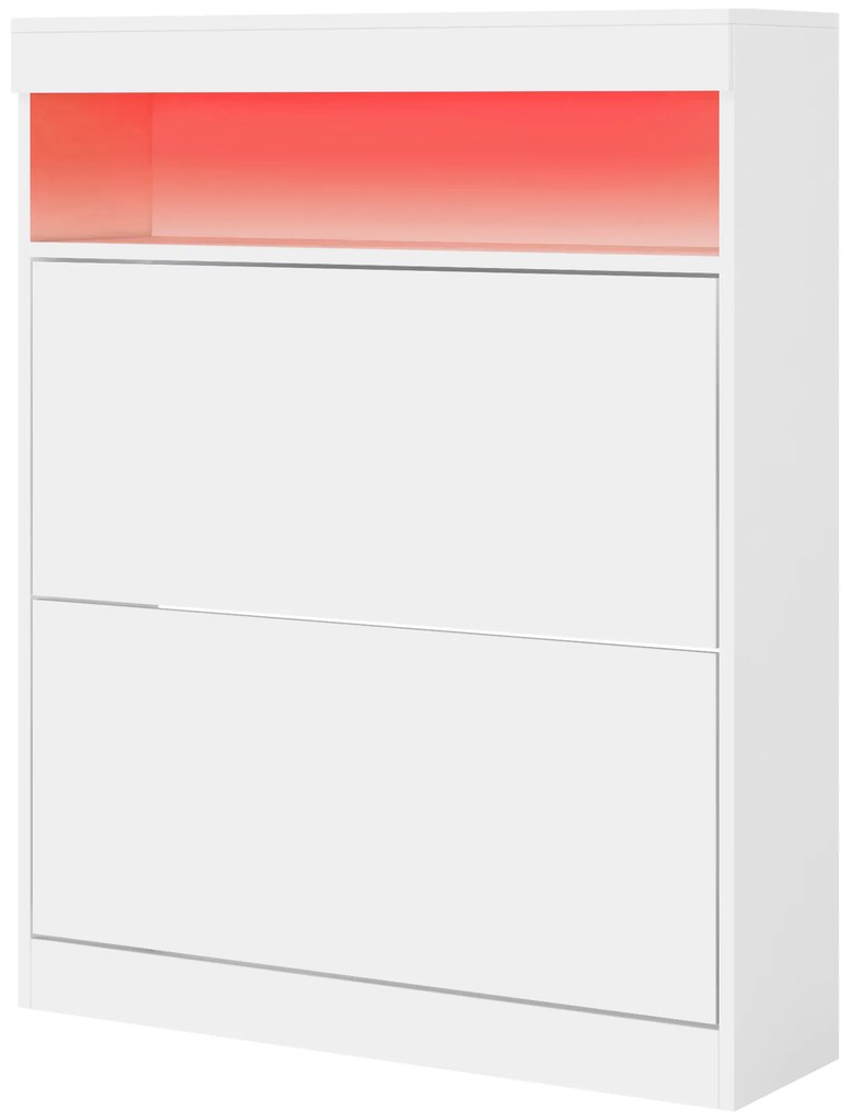 Móvel Sapateira de Entrada com Luzes LED Prateleira Aberta e 2 Gavetas Basculantes para 12-16 Pares 80x24x99,5 cm Branco Brilhante