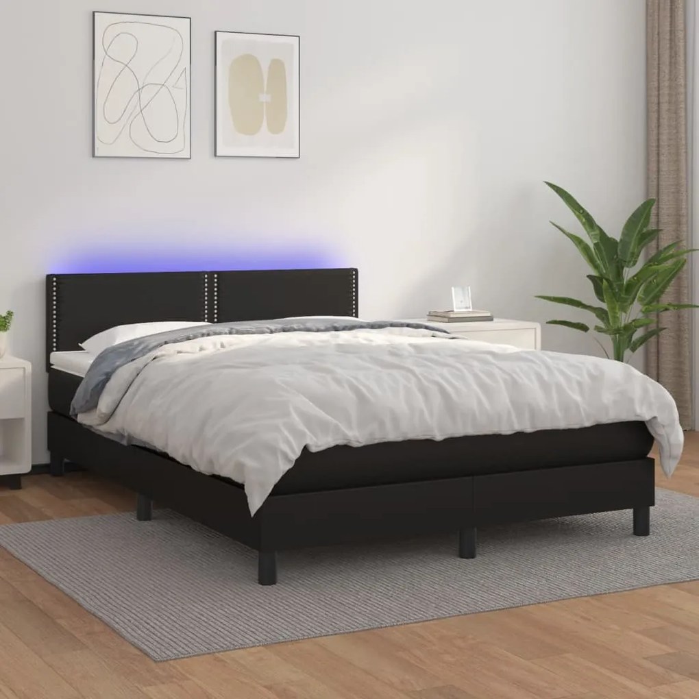 Cama box spring c/ colchão/LED 140x190cm couro artificial preto