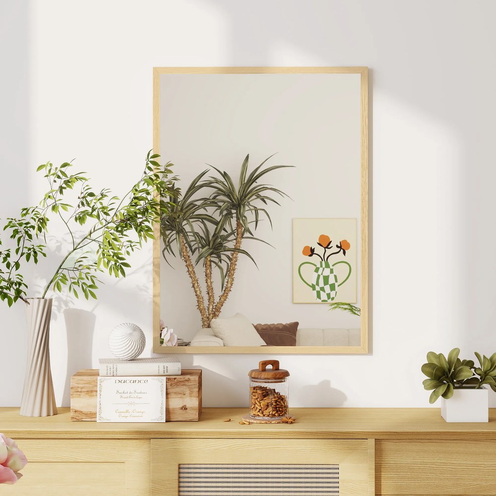 Espelho de parede retangular de 80 x 60 cm, com moldura em madeira natural, ideal para a casa de banho, sala de estar ou quarto