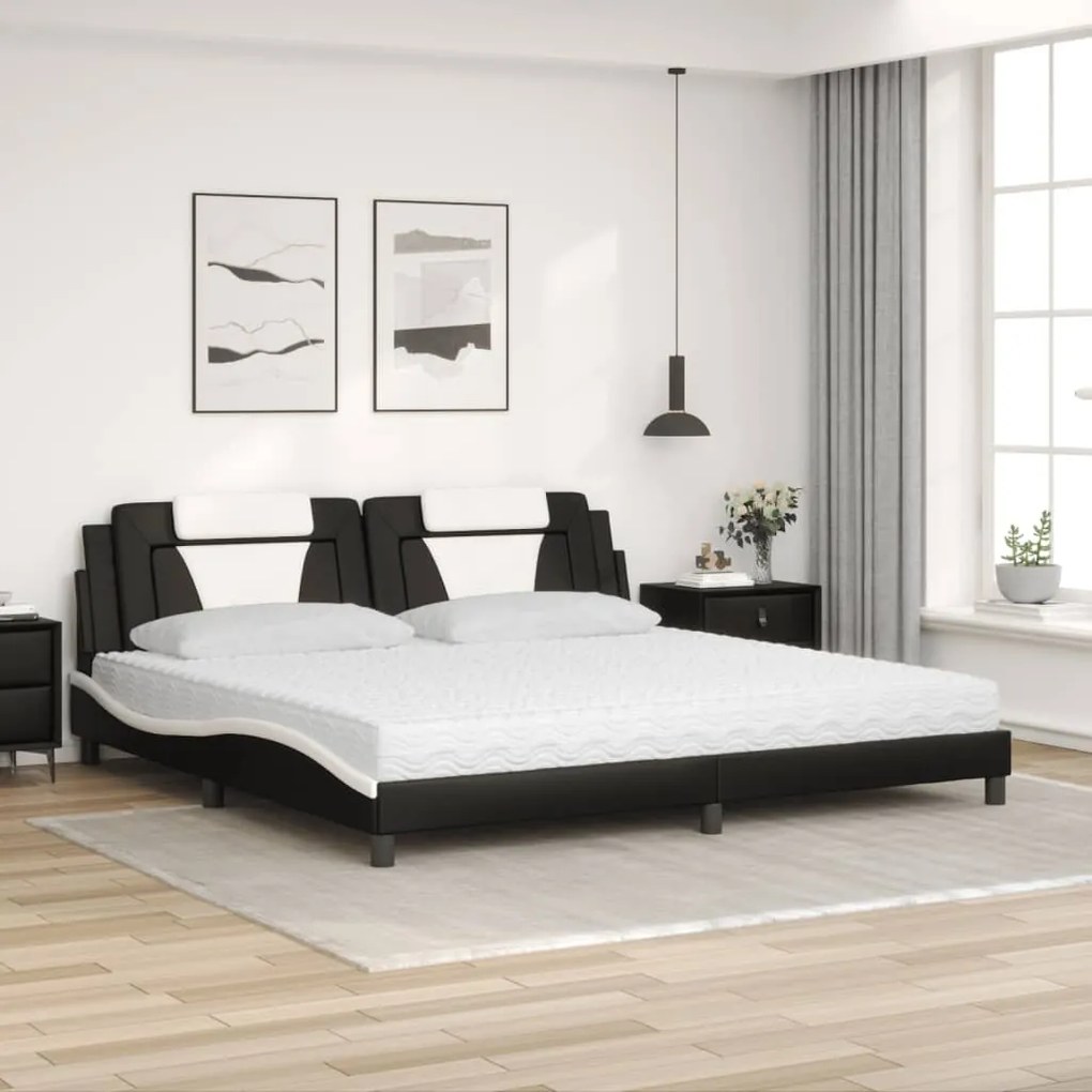 Cama com colchão 200x200 cm couro artificial preto e branco