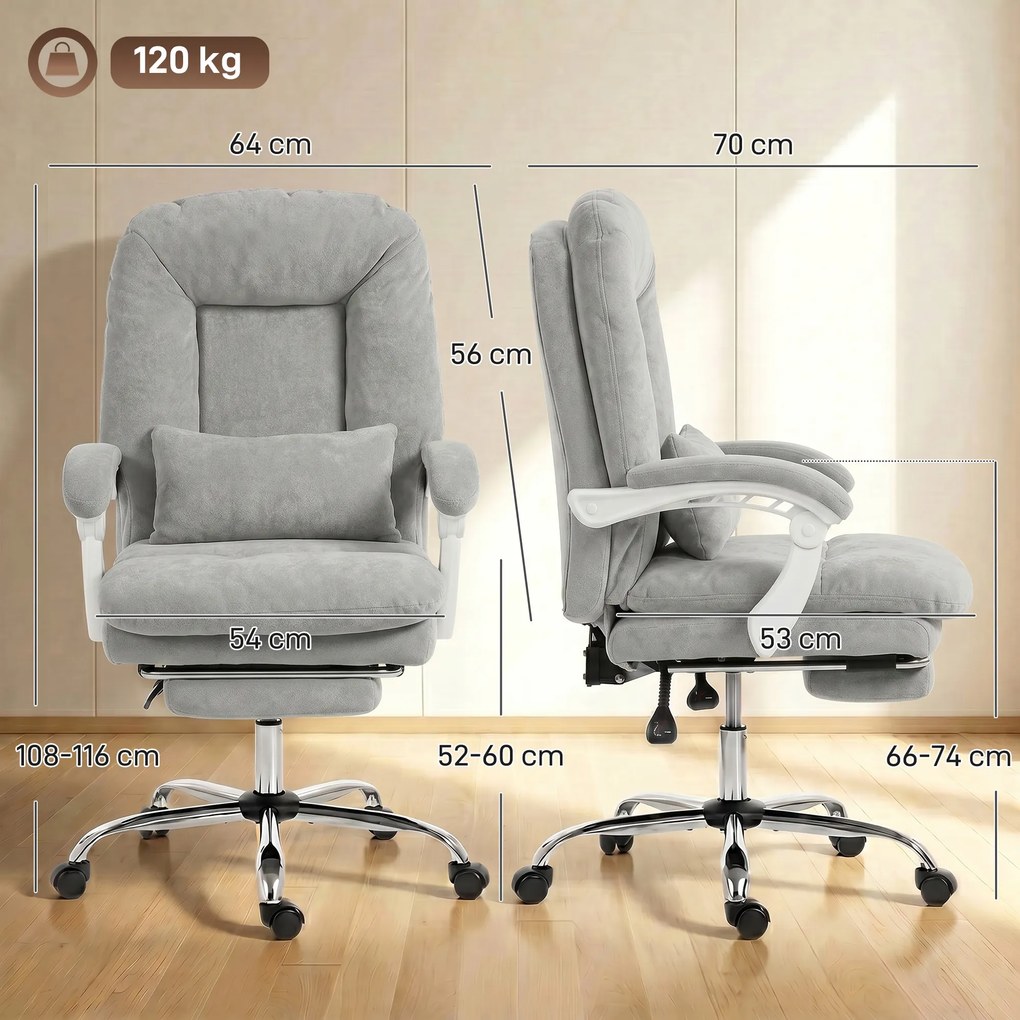 Cadeira de escritório ergonómica, cadeira de escritório reclinável em veludo com apoio lombar, altura ajustável, cinzento claro