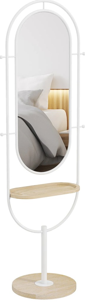 Espelho de Pé 50x175,5 cm Espelho de Corpo Inteiro com Bandeja de Madeira 4 Ganchos e Estrutura de Metal 50x40x175,5 cm Branco