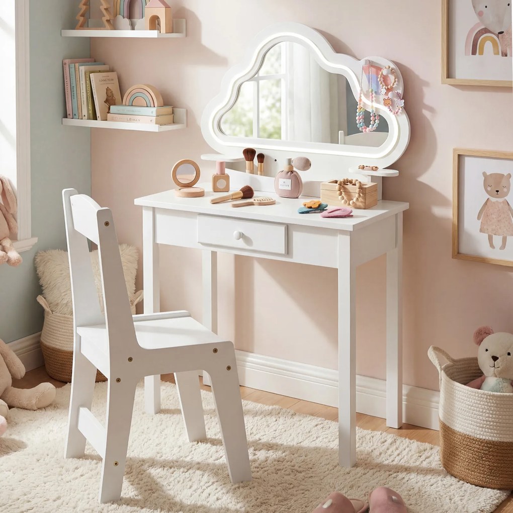 Conjunto de Toucador Infantil com Cadeira, 59 x 35 x 103,5 cm, Espelho em Forma de Nuvem com Luz LED, Branco