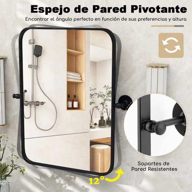Espelho de parede retangular horizontal/vertical com moldura metálica basculante e suportes de parede modernos e minimalistas 76,5 x 56 cm Preto