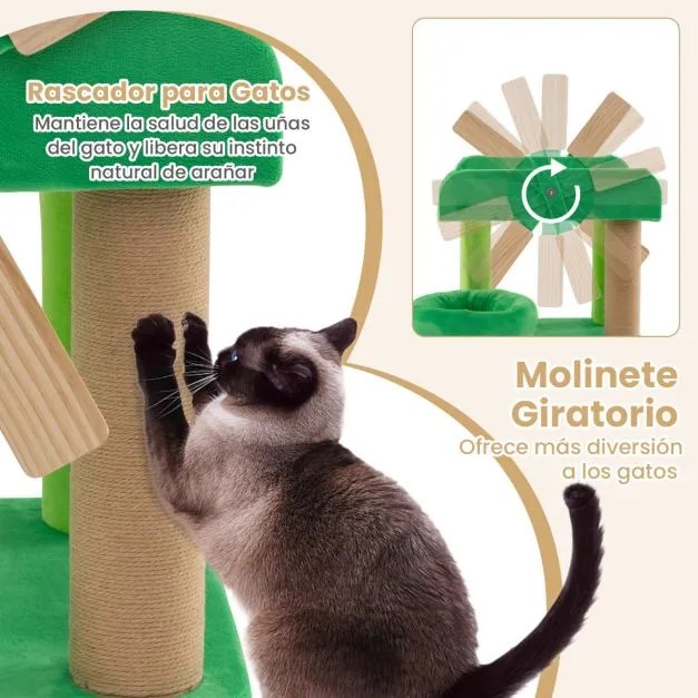 Arranhador para gatos com moinho de vento com vários níveis com poste para arranhar Plataforma com almofada Verde