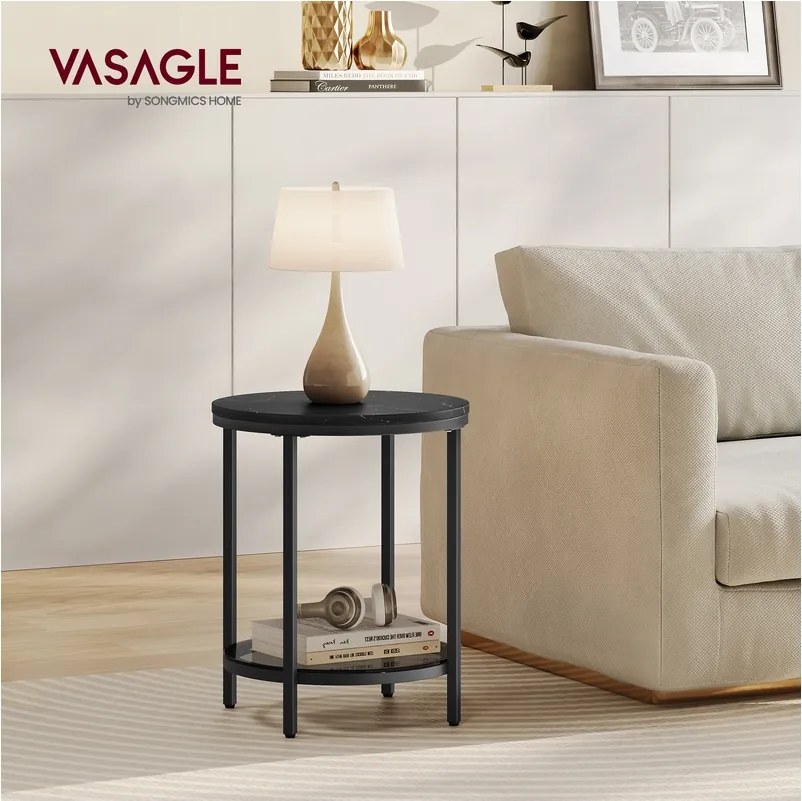 Mesa auxiliar de 2 níveis 45 x 55 cm (Ø x A) com estrutura preta e tampo preto com efeito mármore Preta