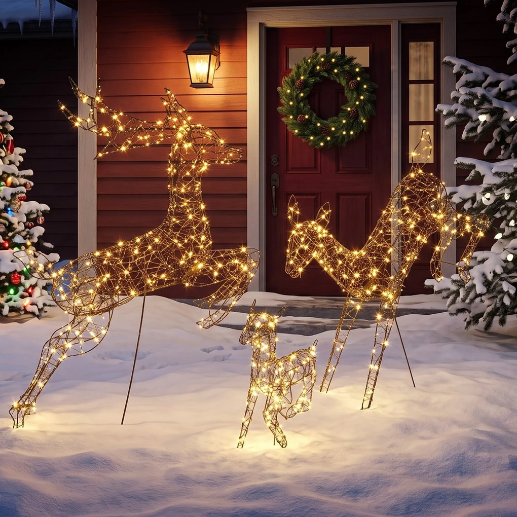 Conjunto de 3 Renas Luminosas de Natal para Exterior, 75 x 25 x 120 cm, 200 LED Branco Quente, Castanho