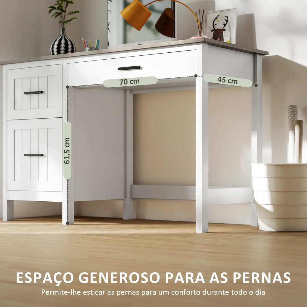 Secretária Rústica com 3 Gavetas e Bancada com Efeito Madeira Mesa para Computador para Estudo Escritório 120x50x76,2 cm Branco
