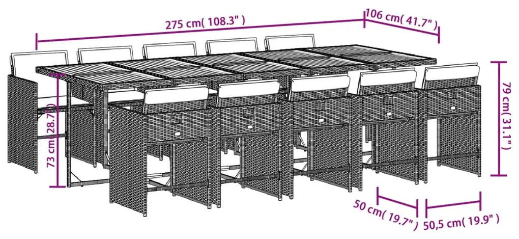 11 pcs conjunto de jantar p/ jardim com almofadões vime PE bege