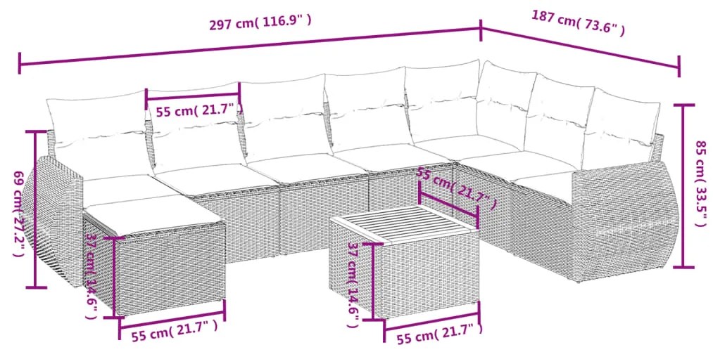 9 pcs conjunto de sofás p/ jardim c/ almofadões vime PE preto