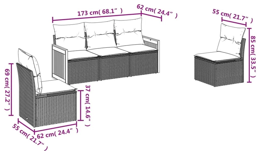 5 pcs conjunto de sofás p/ jardim com almofadões vime PE bege