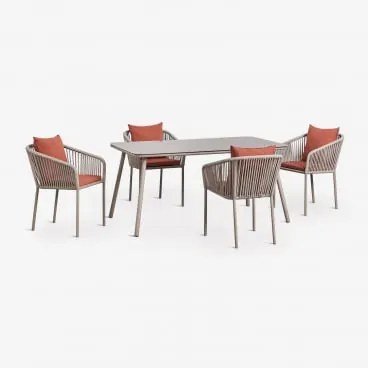 Conjunto De Mesa Retangular 160x90 Cm E 4 Cadeiras De Jardim Em Corda Trançada Arhiza Classic Castanho Moka - Terracota - Sklum