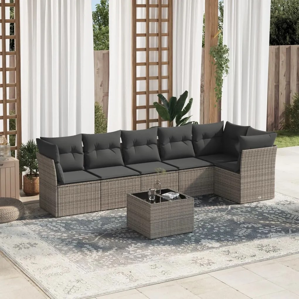 7 pcs conjunto sofás p/ jardim c/ almofadões vime PE cinzento