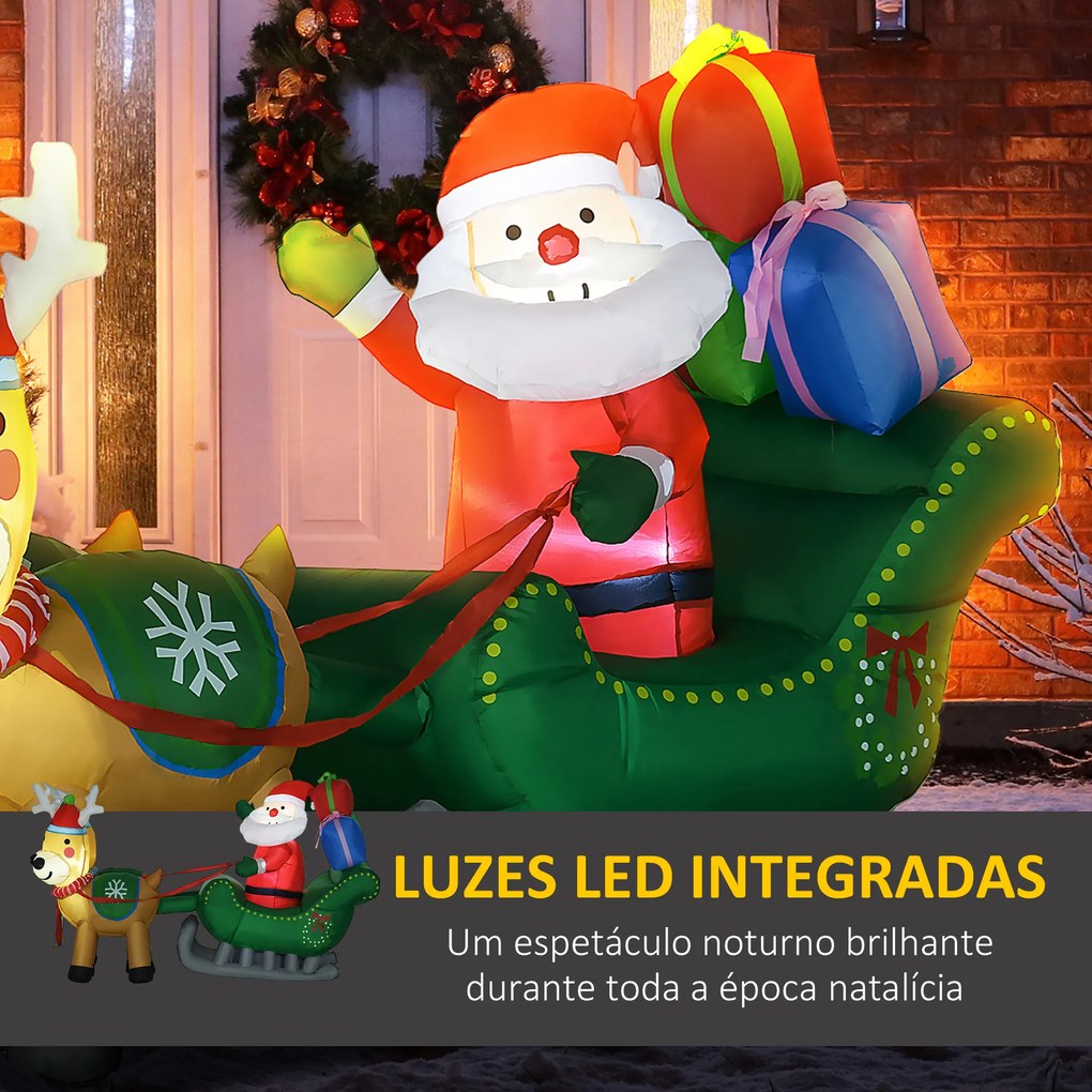 HOMCOM Decoração Insuflável de Natal Pai Natal com Trenó 2 Renas e Luzes LED 210x70x125 cm Multicor