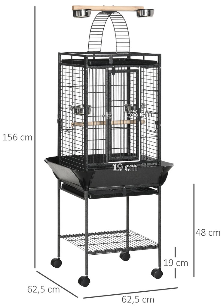 Gaiola para Pássaros com Suporte e Rodas 62,5x62,5x156cm Gaiola Metálica para Aves com Ponte de Arco 2 Poleiros 4 Comedouros 2 Bandejas Removíveis e P