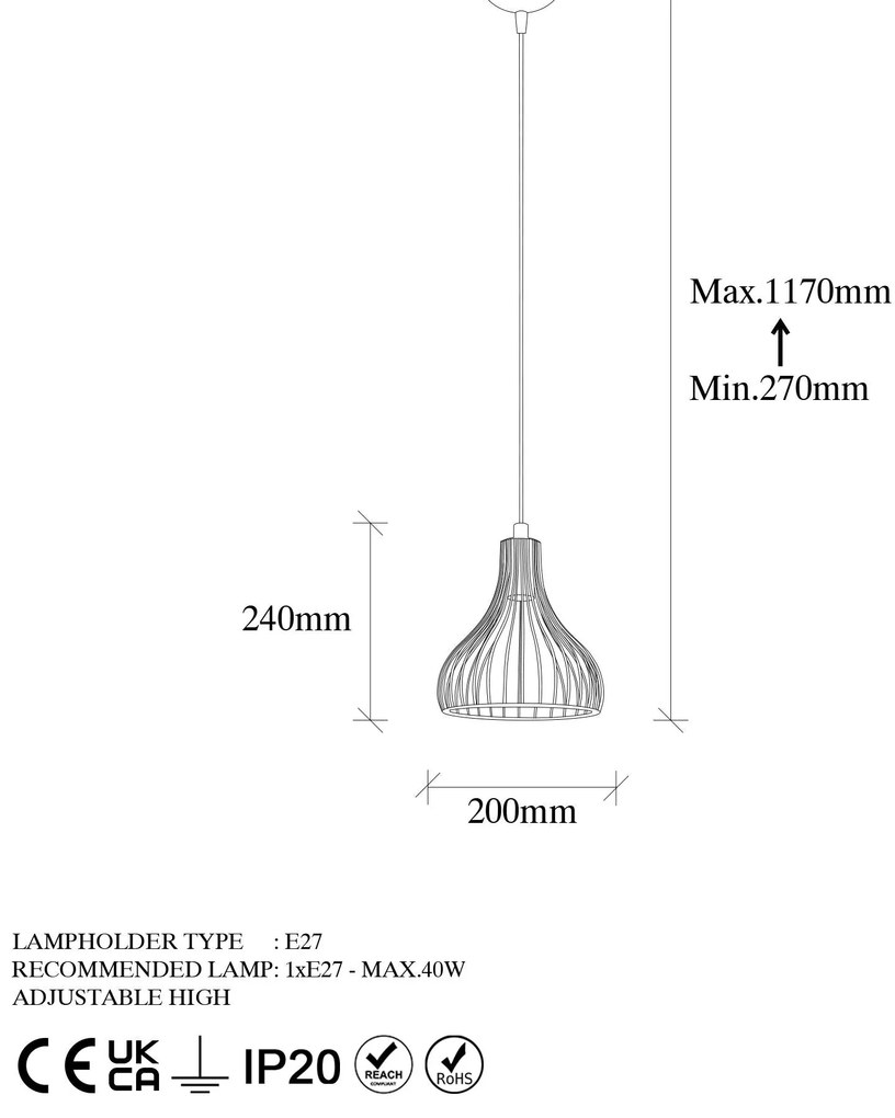 Candeeiro Suspenso Telyildo – Preto Antigo – 20 x 20 x 117 cm