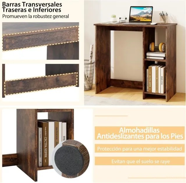 Secretária para computador 80 x 40 x 74 cm de escritório com 2 prateleiras para espaços reduzidos Café