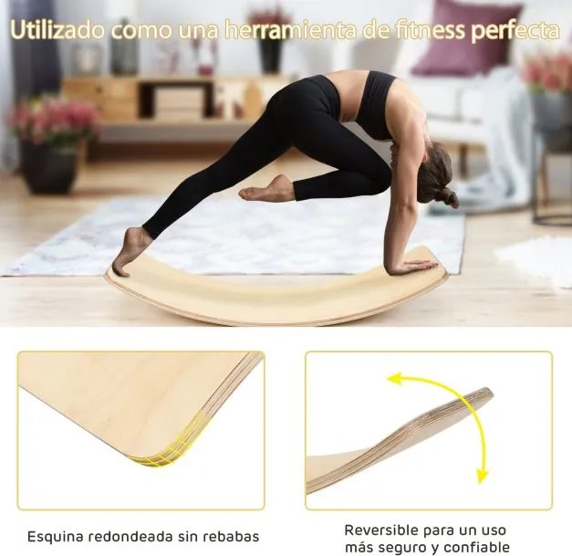 Tábua de equilíbrio de madeira Tábua curva para treino de ioga e terapias em casa e nas aulas 90 x 30 x 19 cm Natural