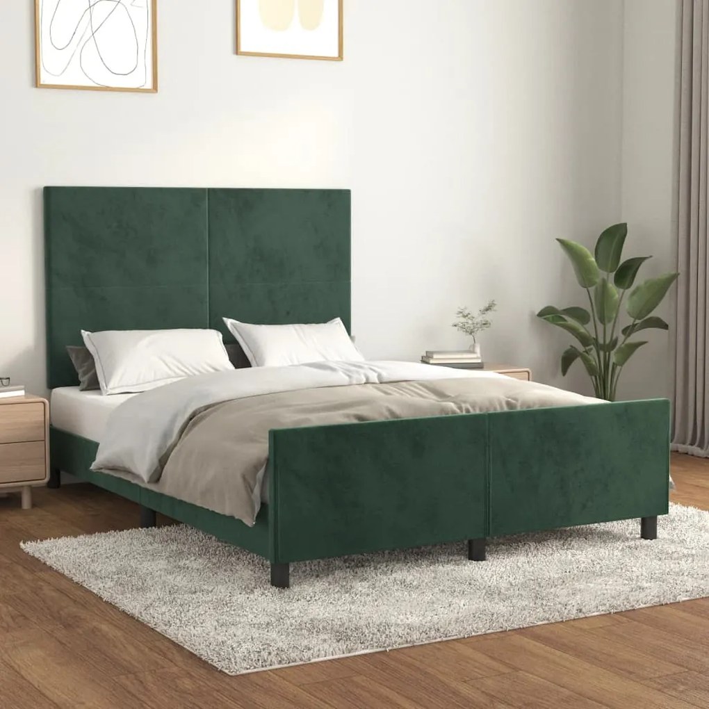 Estrutura de cama c/ cabeceira 140x190 cm veludo verde-escuro