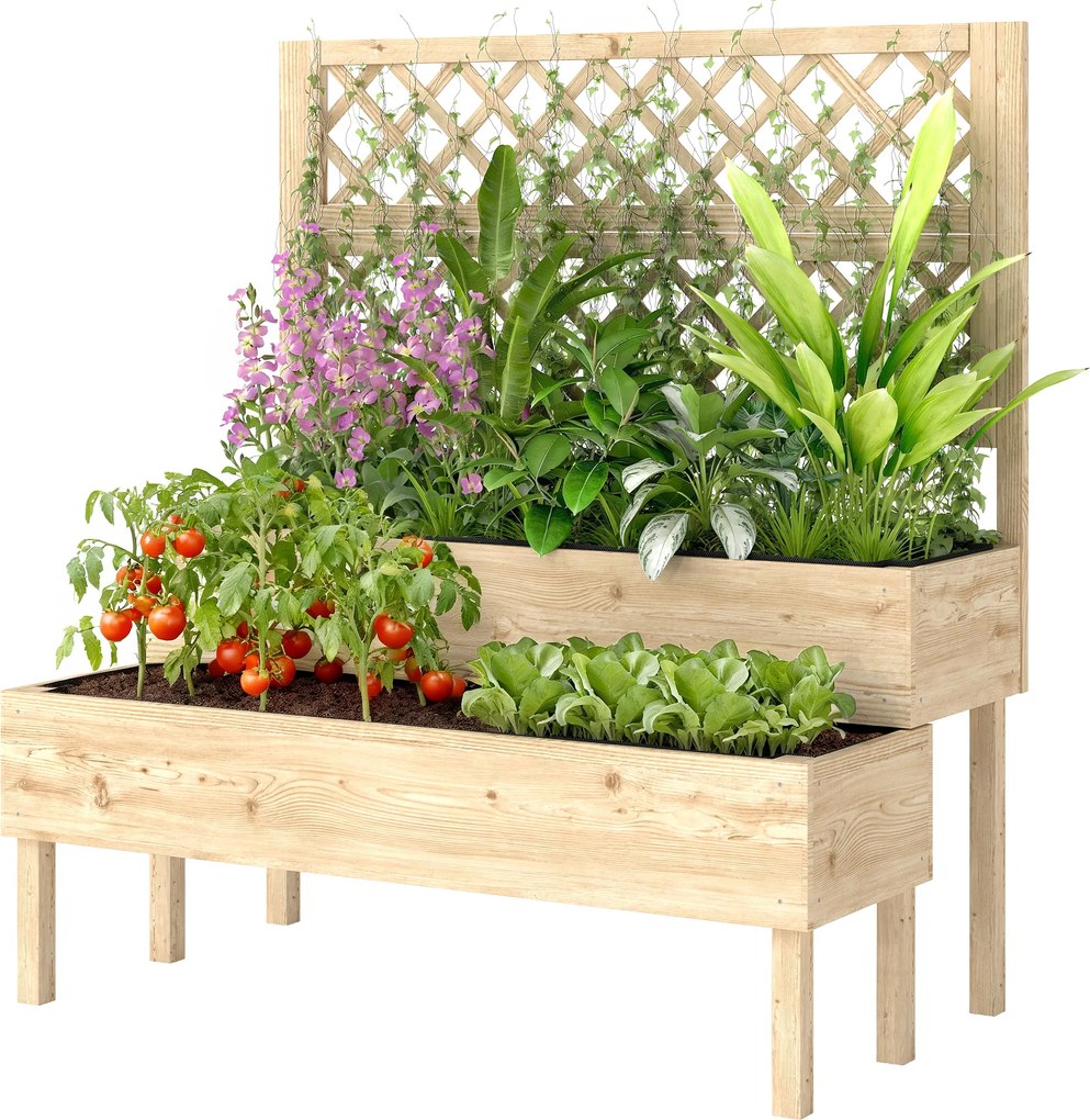 Floreira de 2 níveis com treliça, floreira com tecido não tecido, 108 x 62 x 120 cm, efeito madeira natural