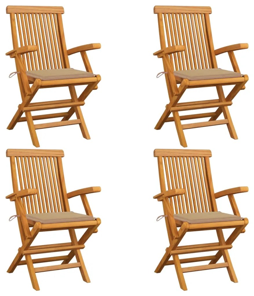 vidaXL Cadeiras de jardim c/ almofadões beges 4 pcs teca maciça