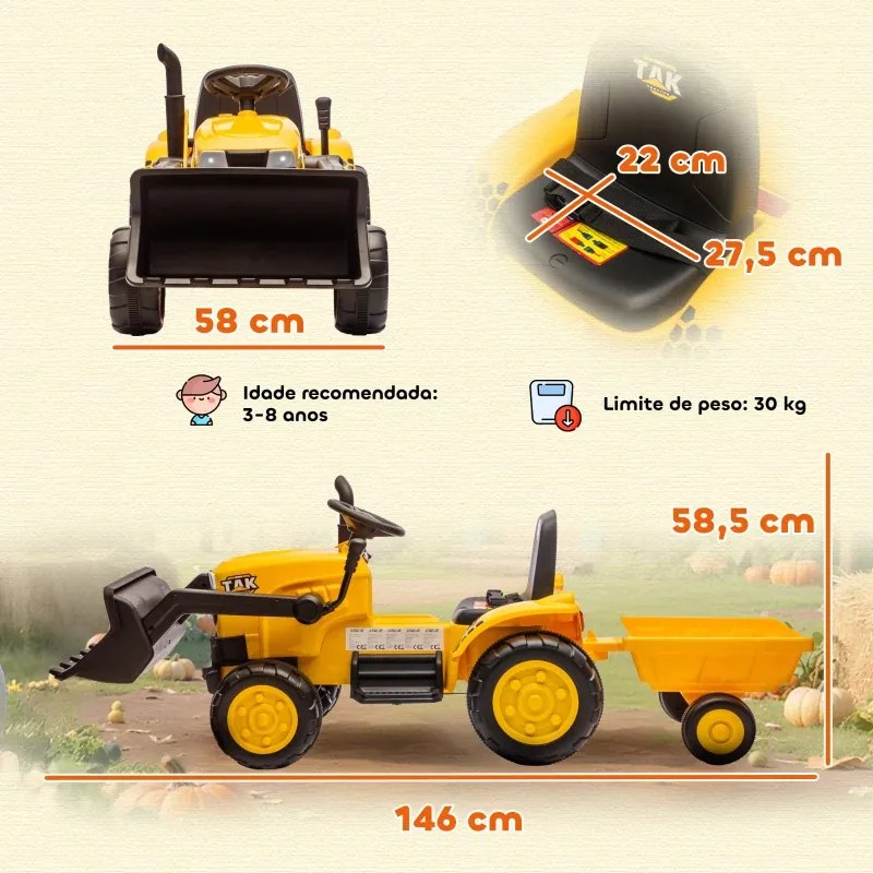 Trator Elétrico para Crianças com Reboque e Pá 12V Motor Duplo Luzes Música Conexão Sem Fios USB 146x58x58,5 cm Amarelo