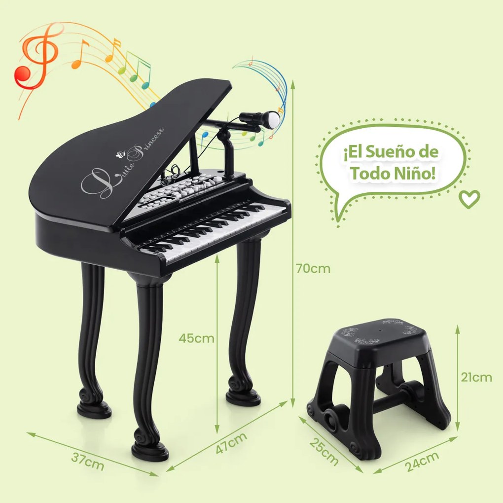 Teclado de piano para crianças com 37 teclas e banco multifuncional portátil com microfone LED e modo de ensino Preto