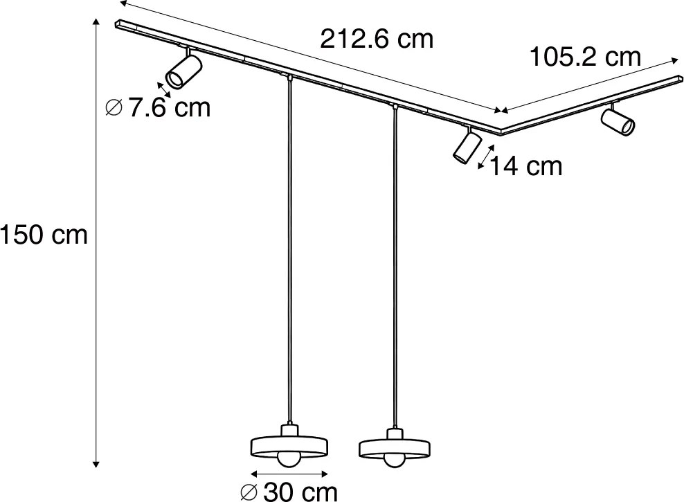 Sistema de calhas moderno preto com 2 candeeiros pendentes brancos e 3 focos monofásicos - Iconic Jeana Luxe Jina