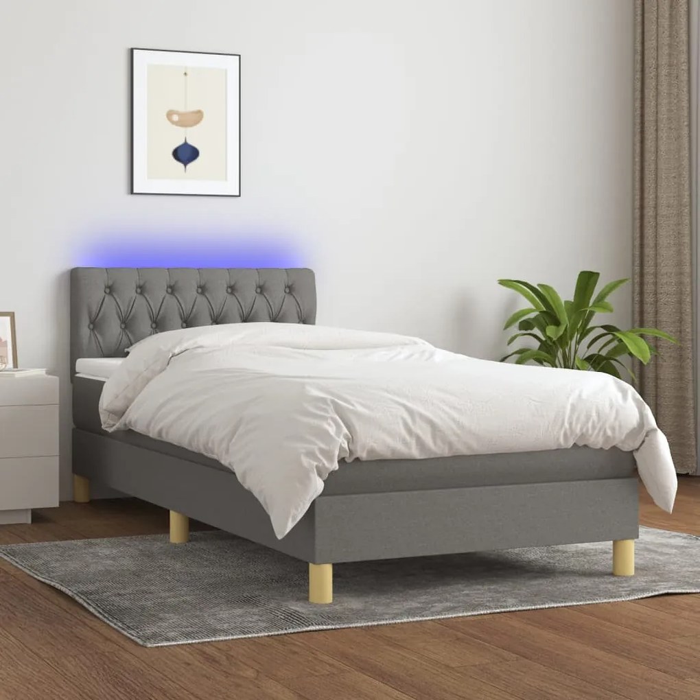 Cama box spring c/ colchão e LED 90x200 cm tecido cinza-escuro