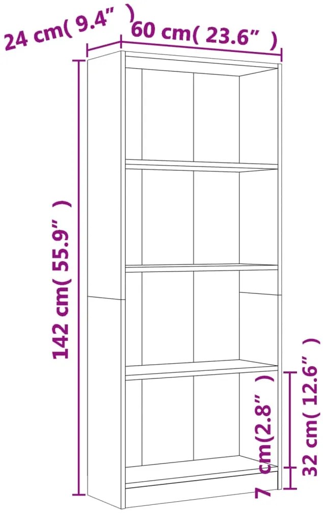 Estante 4 prateleiras 60x24x142cm deriv. madeira cinza-cimento