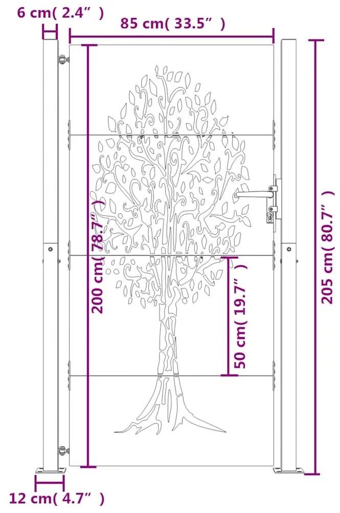 Portão de jardim 105x205 cm aço corten design árvore