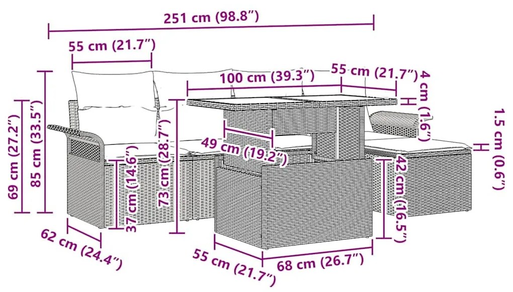 Sofá de Jardim de 6 Peças com Almofadas Pretas de Rattan