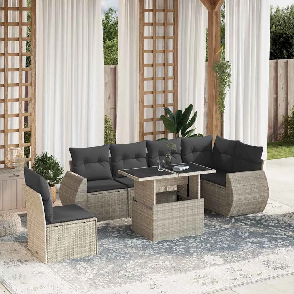 vidaXL 7 pcs conj. sofás jardim com almofadões vime PE cinzento-claro