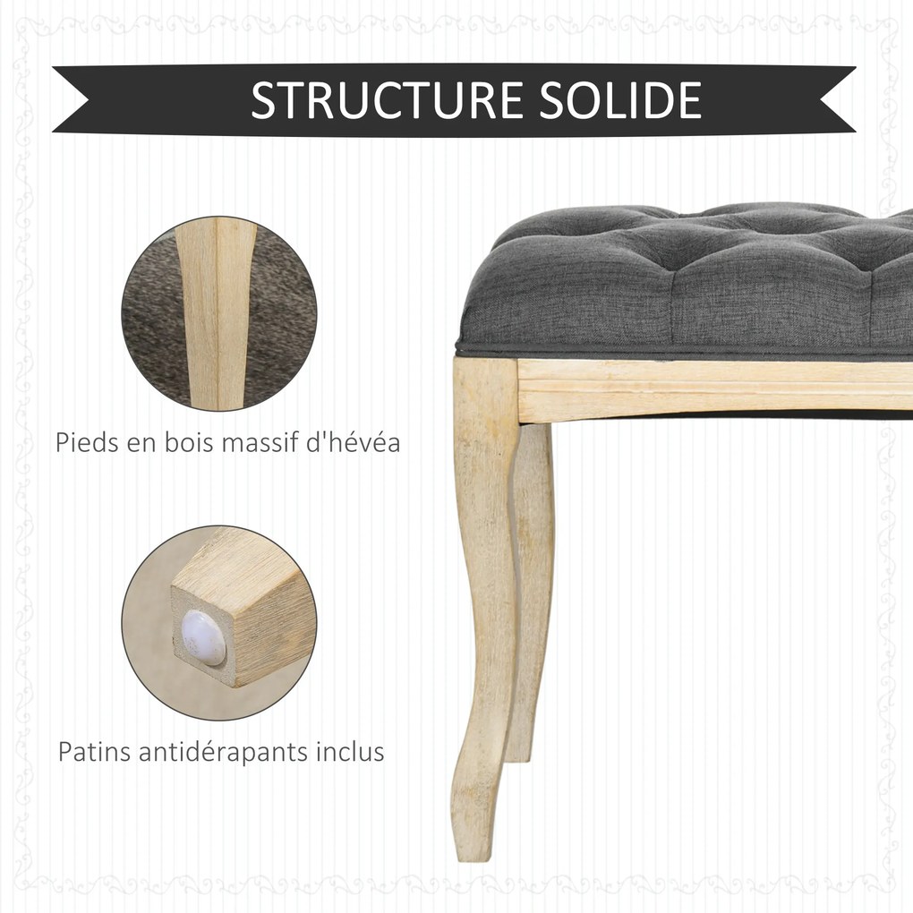 Banco estofado estilo clássico, 110 cm, para colocar ao pé da cama, estofado em linho, com base em madeira de hevea esculpida, linho cinzento