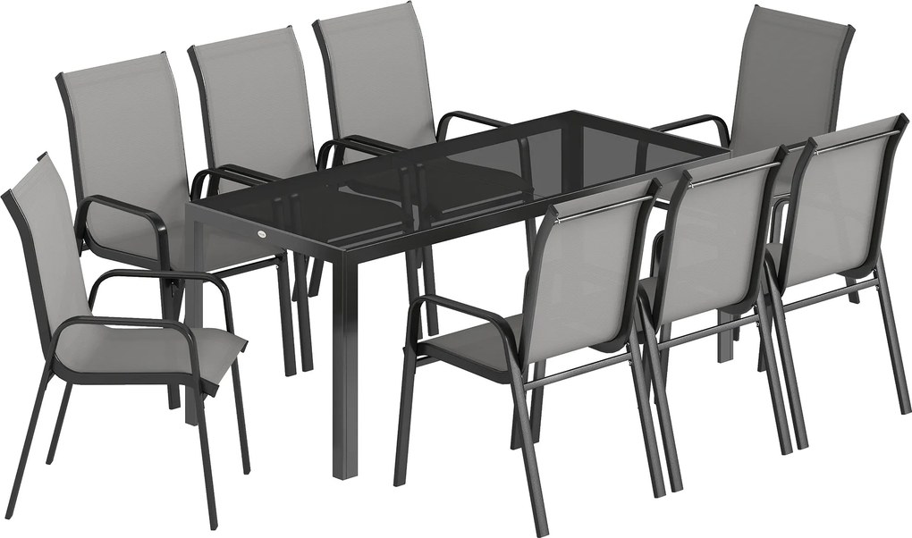 Outsunny Conjunto de Jantar para Jardim 9 Peças, Mesa e Cadeiras para 8 Pessoas, Conjunto de Exterior com Tampo em Vidro Temperado, Cinza | Aosom Portugal