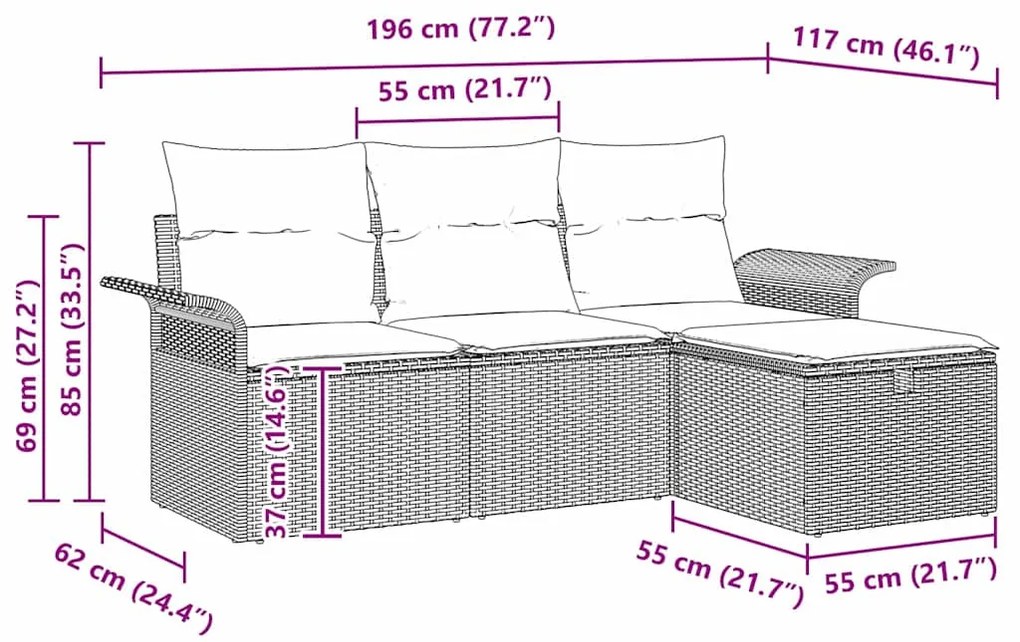 Conjunto de Sofá de Jardim de 4 Peças com Almofadas Cinza Rattan Polié