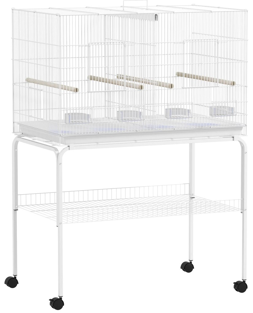 PawHut Gaiola para Passarinho com Divisória Rodas Gaiola para Aves com Comedouros Poleiros e Bandeja Removível 94x57x128 cm Branco | Aosom Portugal
