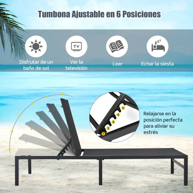 Conjunto de 2 Espreguiçadeiras de Terraço, 64 x 198 x 67-103 cm, Encosto Reclinável em 6 Níveis, Preto
