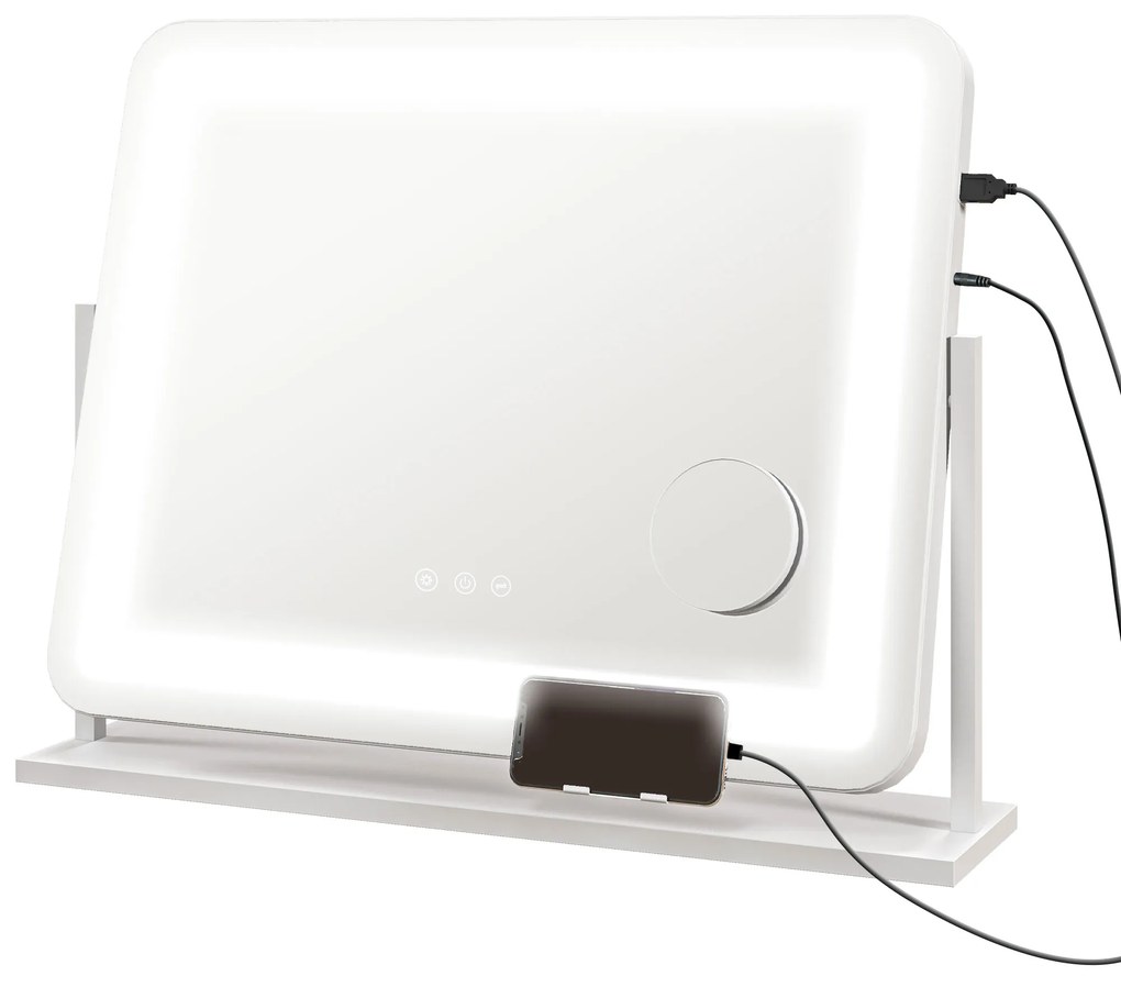 HOMCOM Espelho Maquilhagem Iluminação LED 3 Modos Suporte Telemóvel USB Prático Compacto 62,5x14x49,5 cm Branco Elegante | Aosom Portugal