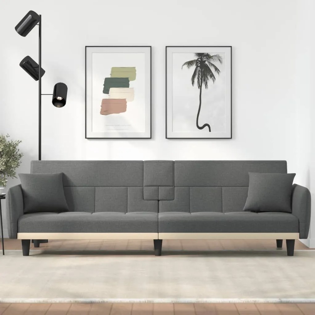 351870 vidaXL Sofá-cama com suportes para copos tecido cinzento-escuro