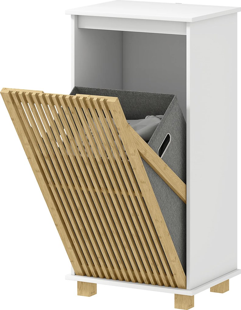 Móvel de casa de banho com cesto para roupa suja, porta com ripas de bambu e saco removível, branco e com efeito de madeira natural