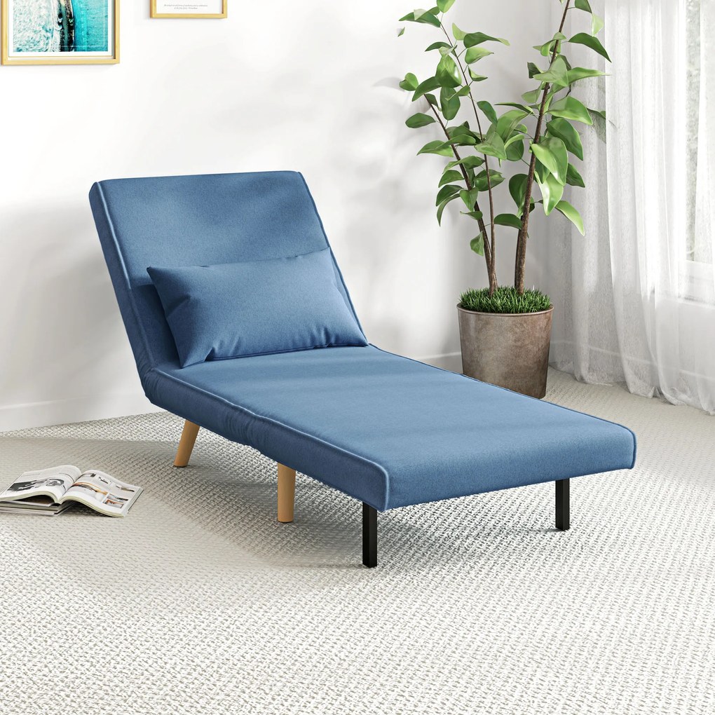 Poltrona conversível 3 em 1: poltrona-cama de 1 lugar com encosto de 5 posições, em tecido com almofada, azul