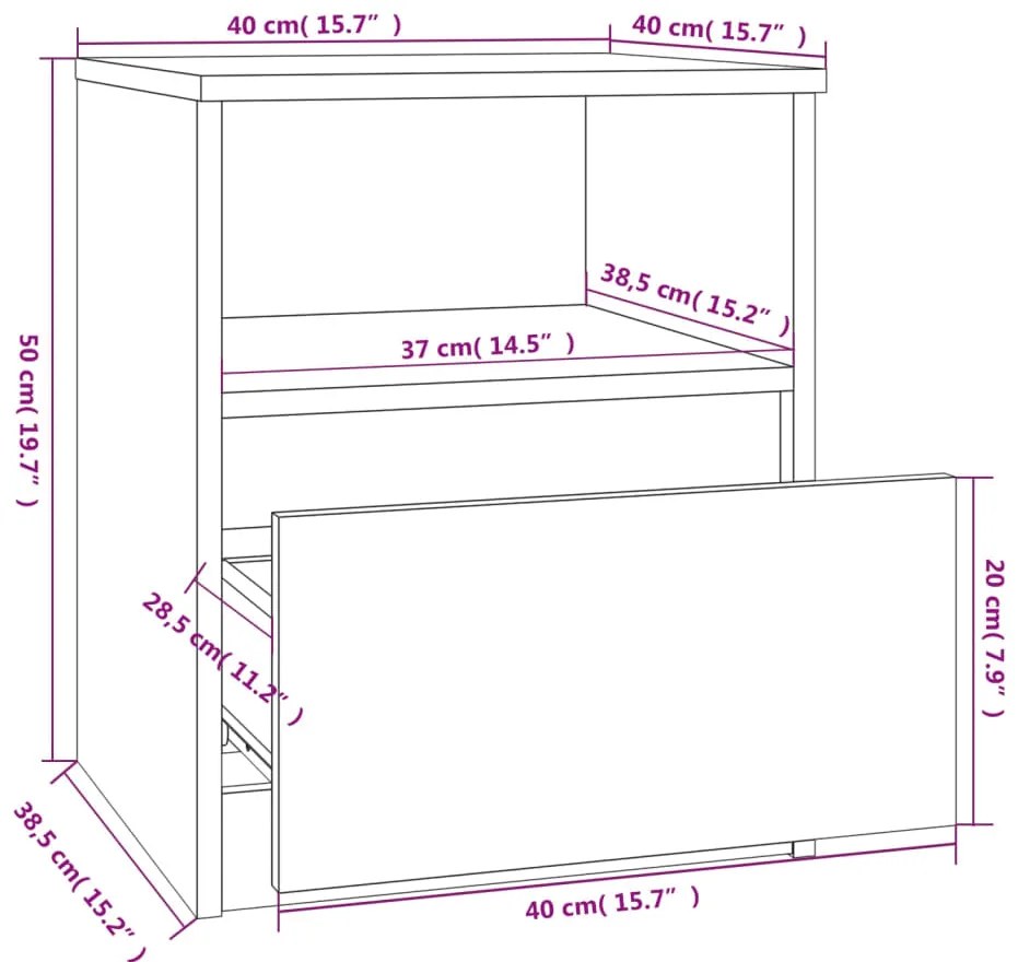 Mesa cabeceira 2pcs 40x40x50cm derivado madeira carvalho fumado