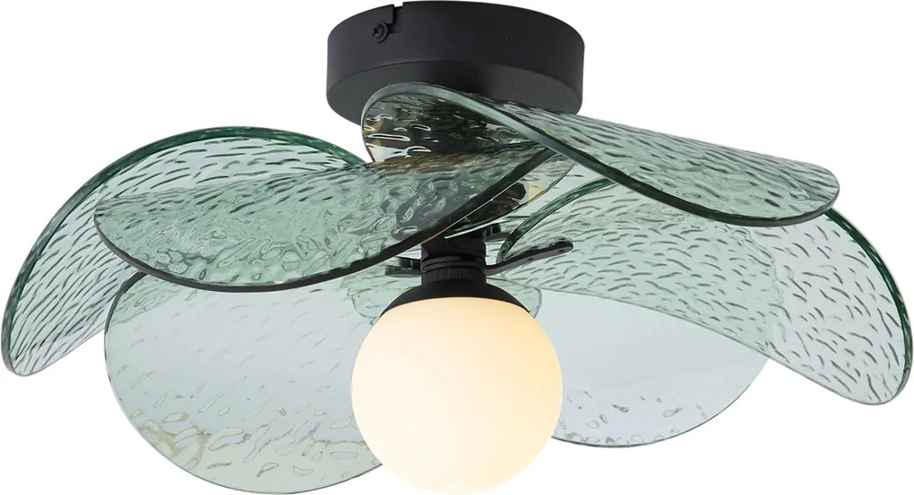Candeeiro de Teto de Design Preto com Vidro Canelado Verde - Kemner
