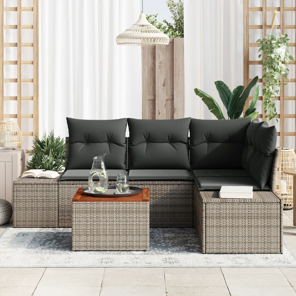 Conjunto de Sofá de 5 Peças com Almofadas Cinza Rattan Poliéster Acáci