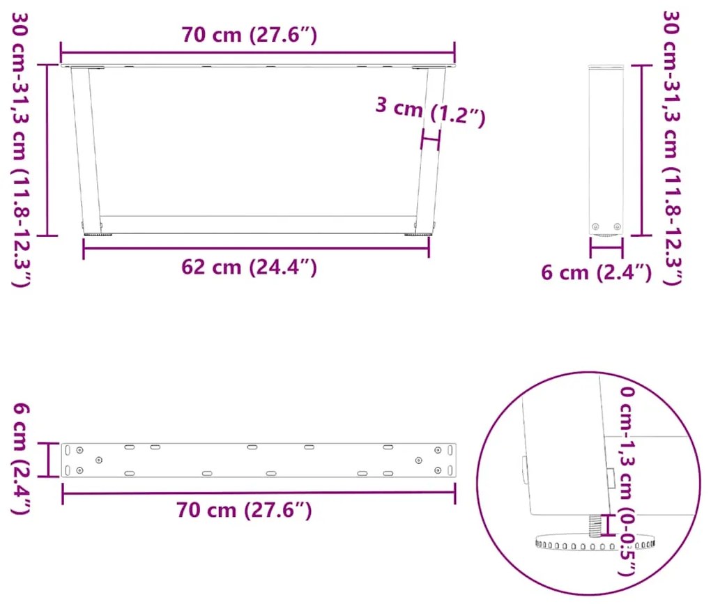 Pés para mesa de centro em V, 2 peças, branco, 70x(30-31,3) cm, aço