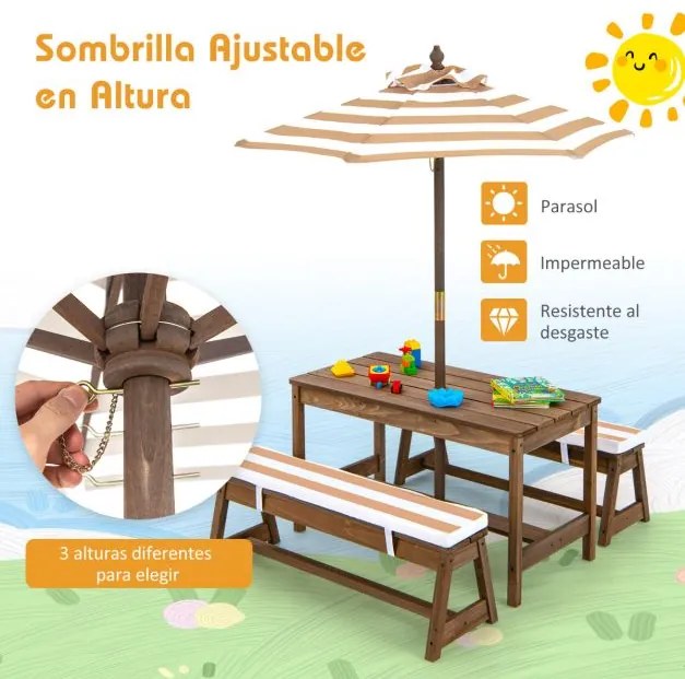 Mesa de piquenique jardim para crianças com guarda-sol com almofadas Castanho